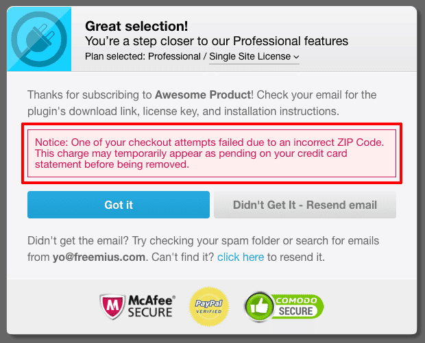 Freemius Checkout - Invalid Zip Code After Purchase Notice