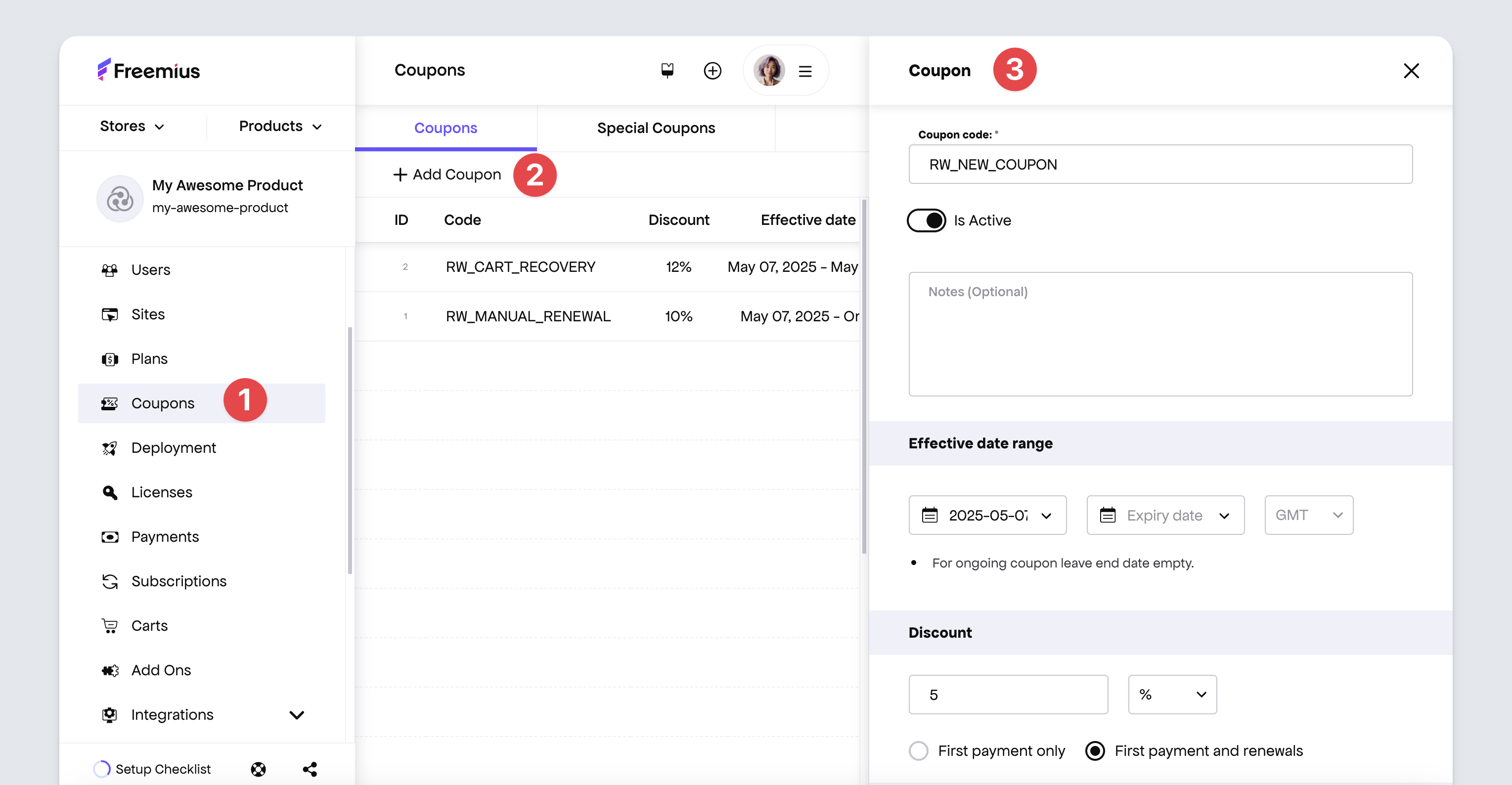 Freemius Developer Dashboard - Creating a discount coupon